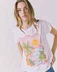 Angled front view of the Chaser Costa Del Sol Tee in White showing the vintage-inspired Costa Del Sol graphic and lightweight drape