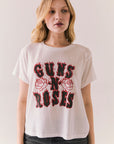 White graphic tee with flaming Guns N’ Roses logo and floral artwork.