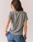 Gray short sleeve tee with maroon graphic text and relaxed fit.