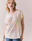 Front view of The Beatles Ticket Stub Collage Tee in Starry White with vintage ticket graphic and classic band logo against a plain background