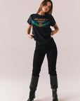 Black vintage-style graphic tee with Journey tape deck artwork and relaxed fit.