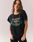 Black vintage-style graphic tee with Journey tape deck artwork and relaxed fit.