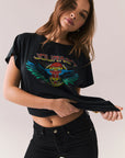 Black vintage-style graphic tee with Journey tape deck artwork and relaxed fit.