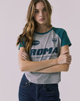 Front view of the Chaser Sportiva Heather Grey Tee featuring an Italian Roma graphic and teal raglan sleeves