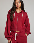 Front view of model wearing Abilenee Blood Red Zip Up Hoodie with cropped hem and full-zip closure against a plain background