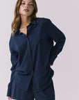 Chaser Paso Navy Button Up in Navy with easy oversized fit and long sleeves