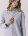 Chaser Paso Pinstripe Button Up in Navy close up of collar structure and button placket detail