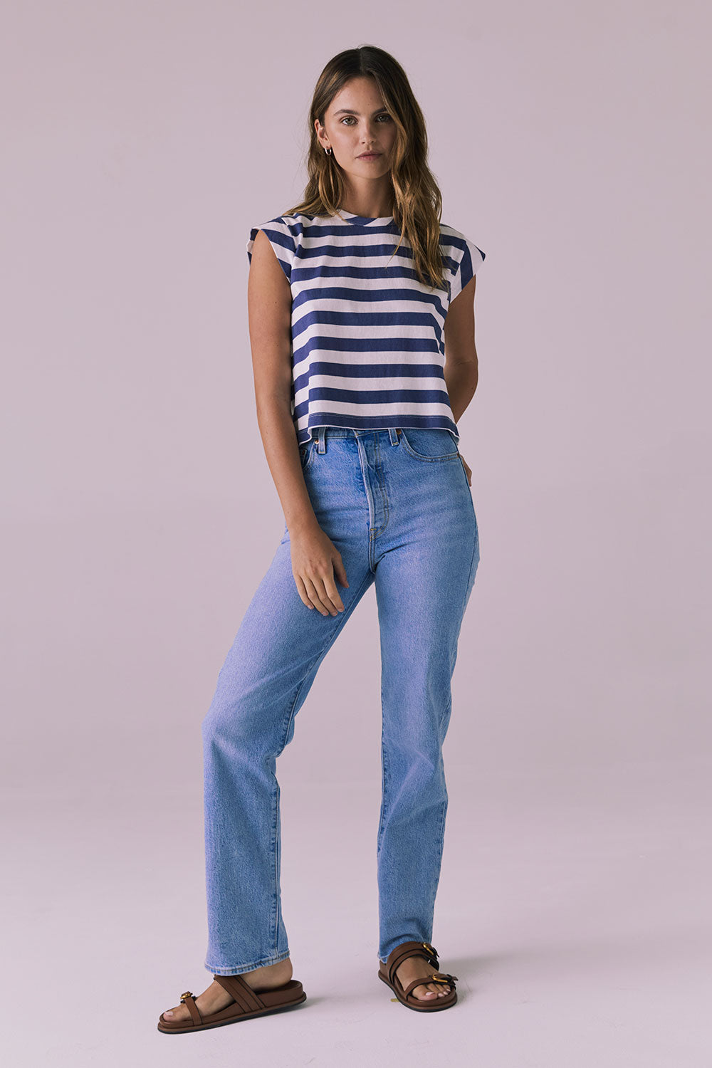 Cropped Castaway Stripe Cap Sleeve Crew Neck Tee Womens chaserbrand