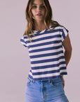 Cropped Castaway Stripe Cap Sleeve Crew Neck Tee Womens chaserbrand