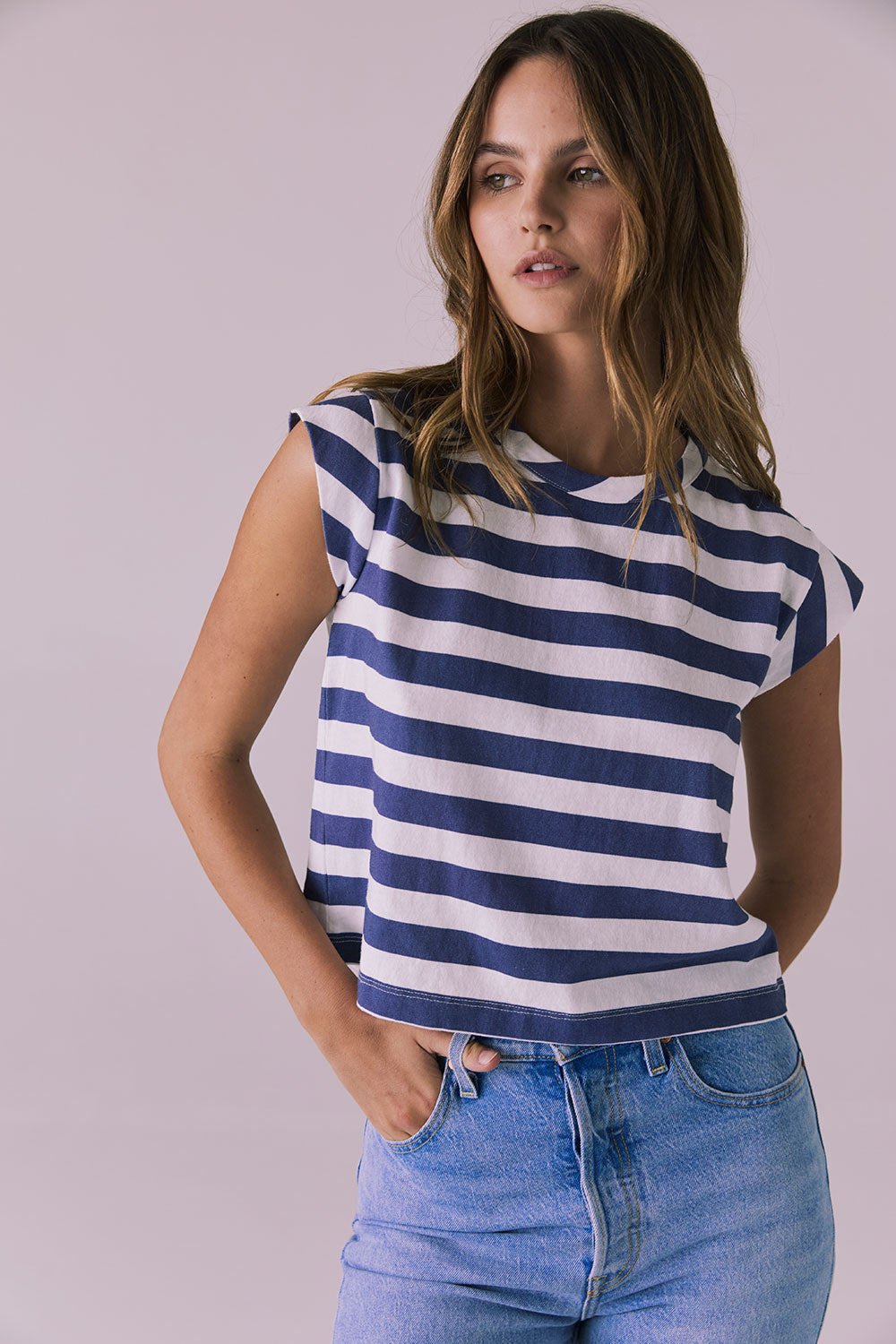 Cropped Castaway Stripe Cap Sleeve Crew Neck Tee Womens chaserbrand