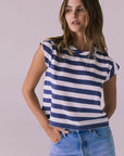 Cropped Castaway Stripe Cap Sleeve Crew Neck Tee Womens chaserbrand