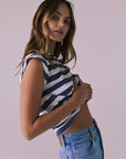 Cropped Castaway Stripe Cap Sleeve Crew Neck Tee Womens chaserbrand