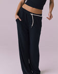 Chaser Sandyy Licorice Black Trouser front view showing side pockets and contrast drawcord waist