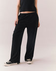 True black fleece joggers with side pockets and relaxed silhouette.