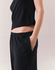 True black fleece joggers with side pockets and relaxed silhouette.