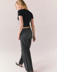 True black cropped tee with ruched side seams and high neck design.