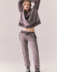 Full body view of model wearing fig Bay fleece joggers