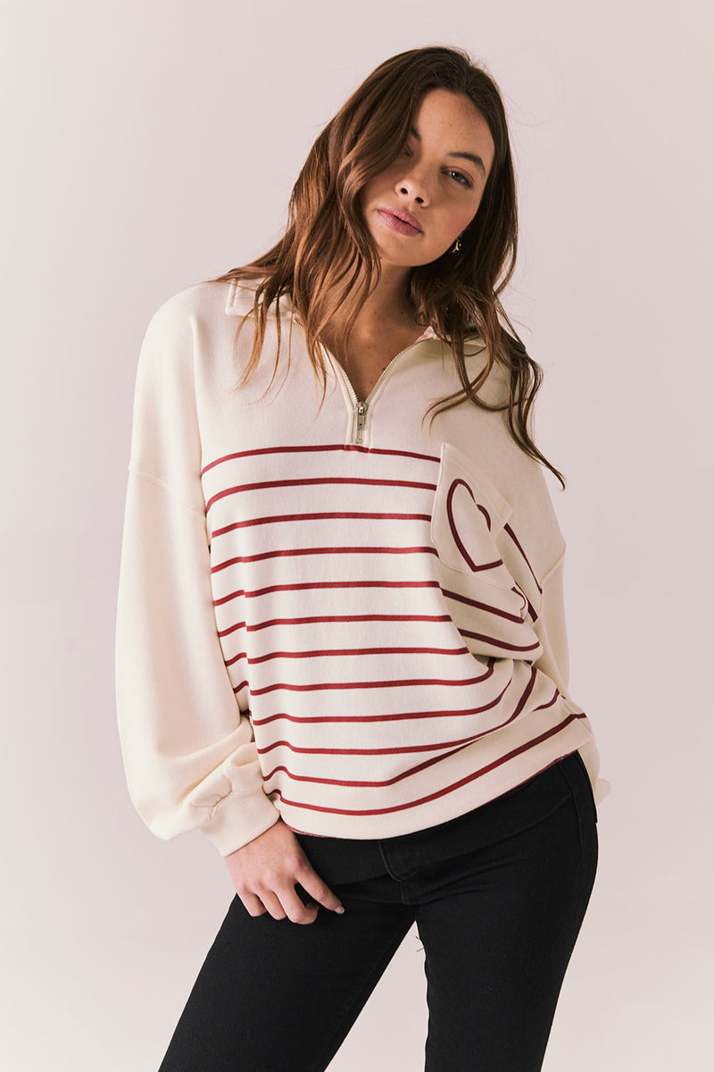 Heart Half Zip Sweatshirt – White Quarter-Zip Pullover with