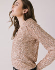 Side view of woman wearing Chaser’s Sparrow Bronze Brown Long Sleeve button-up on a white background