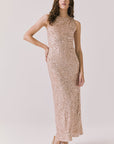 Full body view of woman wearing Chaser’s Faye Bronze Brown Dress on a white background