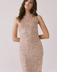 Front view of woman wearing Chaser’s Faye Bronze Brown Dress on a white background