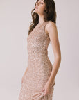 Side view of woman wearing Chaser’s Faye Bronze Brown Dress on a white background