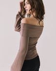 Back view of woman wearing Chaser’s Pixie Deep Taupe Long Sleeve on a white background