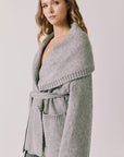 Side view of woman wearing Chaser’s Eclipse Heather Grey Cardigan Robe on a white background