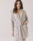 Front view of woman wearing Chaser’s Cozy Heather Grey Robe with tie waist on a white background