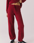 Front view of woman wearing Chaser’s Monica Purple-Red Fig Joggers on a white background