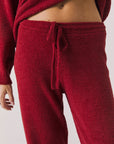 Front view of woman wearing Chaser’s Monica Purple-Red Fig Joggers on a white background