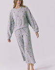 Chaser Terra Heather Grey Ditsy Embroidery Pullover styled with matching Brandy Crop Joggers for a coordinated lounge set look