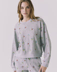 Chaser Terra Heather Grey Ditsy Embroidery Pullover featuring relaxed drop shoulders and ribbed crew neckline