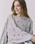 Chaser Terra Heather Grey Ditsy Embroidery Pullover with ribbed hem and easy lounge fit