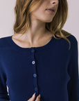 Close-up of the Chaser Seaport cardigan in Worn Blue highlighting ribbed knit texture and tonal buttons