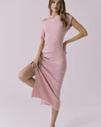 Front view of the Chaser Porter Midi Dress in Pink Salt featuring a ribbed knit texture and off-the-shoulder neckline