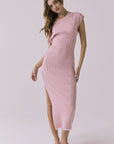 Angled front view of the Chaser Porter Midi Dress in Pink Salt showing the fitted silhouette and asymmetric neckline