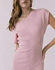 Close-up view of the Chaser Porter Midi Dress in Pink Salt showing the fine ribbed knit fabric and soft texture