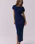 Front view of the Chaser Porter Midi Dress in Worn Blue featuring a ribbed knit texture and relaxed neckline