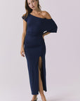 Chaser June Maxi Dress in Navy front view featuring an off the shoulder neckline ruched waist and thigh high slit