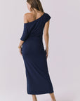 Chaser June Maxi Dress in Navy back view showing asymmetrical shoulder detail and smooth fitted silhouette