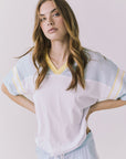 Chaser Palmer Tee in White with Mineral Butter trim featuring a relaxed fit V neckline and soft contrast sleeve stripes