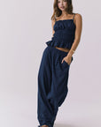 Chaser Lorenzo Navy Poplin Top in Navy styled as a coordinated set with matching Dorit Trousers