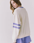 Chaser Malibu Track Long Sleeve in Starry White featuring soft blue sleeve stripes and relaxed drop shoulder fit