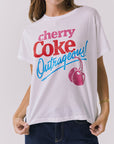 Close-up detail of the Chaser Coca-Cola Very Cherry Tee in White highlighting the distressed Cherry Coke graphic and vintage-inspired print texture from a licensed Coca-Cola collaboration