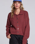 Model wearing Chaser's Hot Cocoa Fortune Cardigan in Hot Cocoa brown cropped button-front knit with pointed collar, front view
