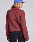 Model wearing Chaser's Hot Cocoa Fortune Cardigan in Hot Cocoa brown cropped button-front knit with pointed collar, back view