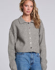Model wearing Chaser's Winter Heather Grey Fortune Cardigan in Winter Heather Grey cropped button-front knit with pointed collar, angled view