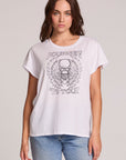 Front view of a woman wearing the Chaser Journey 79 Tour Tee on a neutral background