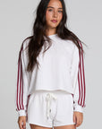 Front view of a woman wearing the Chaser Kloud Cloud White Sweatshirt Set on a neutral background with white shorts